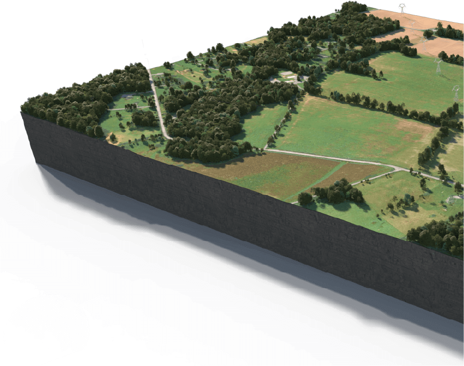 A 3D image of structures across an open field.